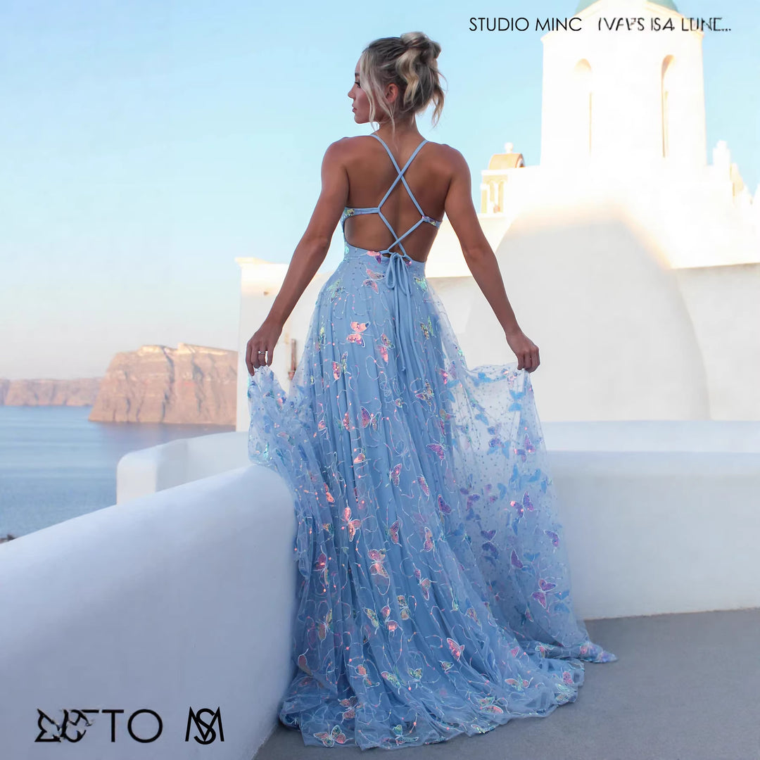 Dame maxi kjole med fine glitrende accenter og blomsterdesign