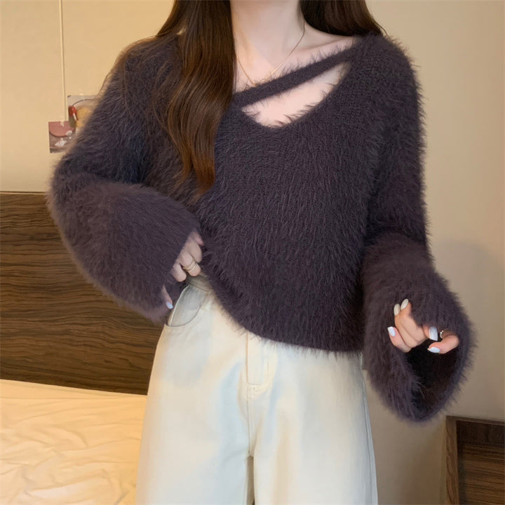 Kvinders fluffy sweater med afslappet skær og dyb V-hals Stilla