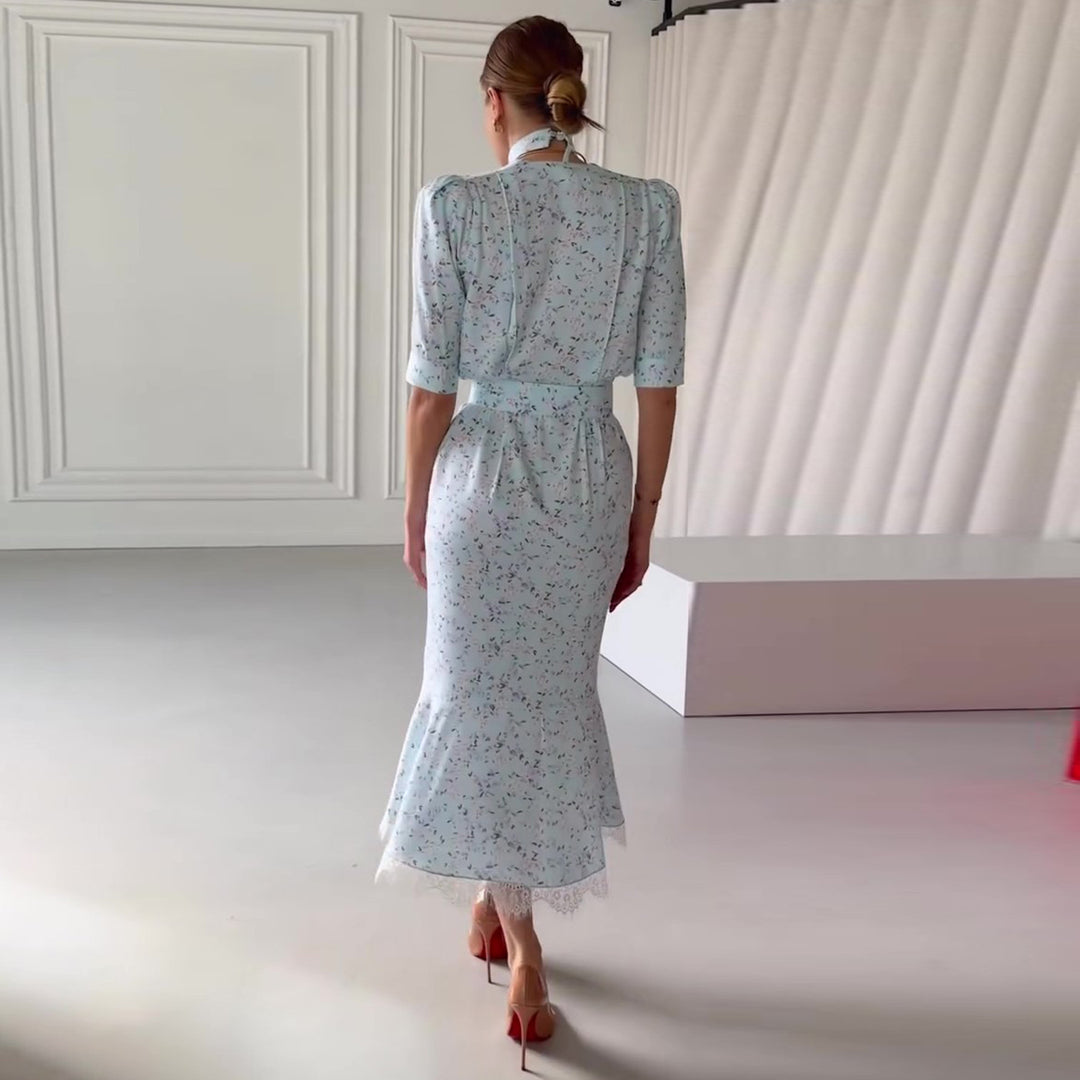 Dame Elegant Midi Kjole med Glitrende Chiffon og Dyb V-Udskæring