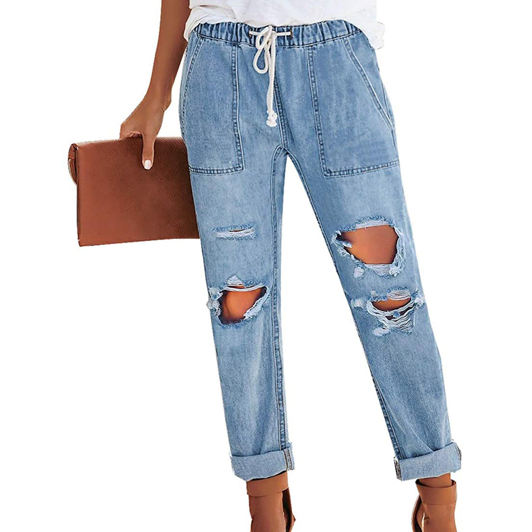 Dame Casual Denim-bukser med moderigtige revner og justerbar talje Stilla