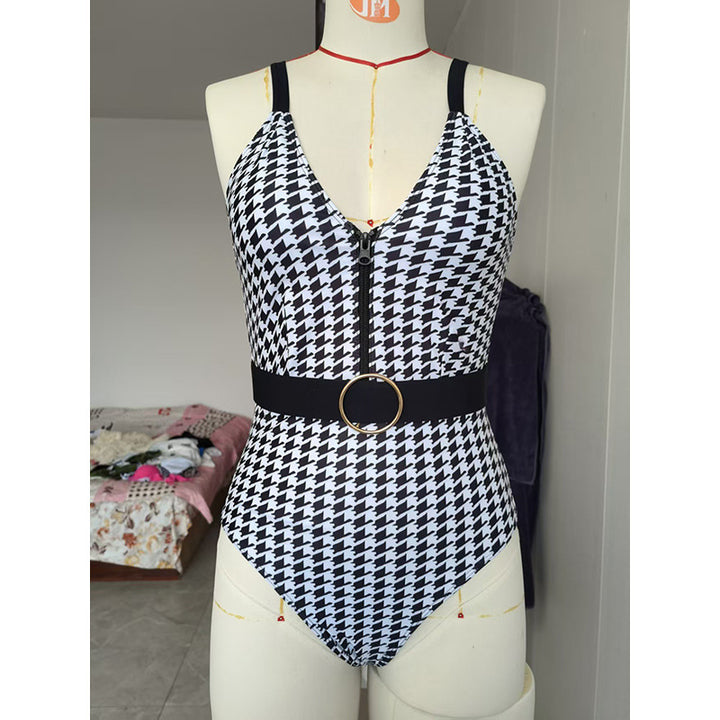 Dame one-piece badeanzug med moderne houndstooth mønster og stilfuldt bælte Skovae
