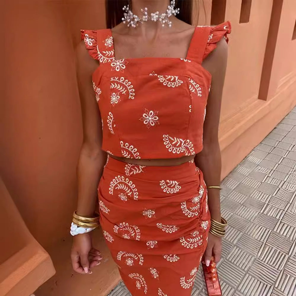 Dame Crop-top og Maxi-nederdel sæt med blomsterdesign og flæsedetaljer Stilla