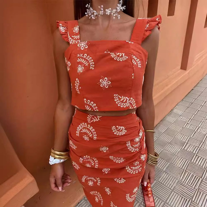 Dame Crop-top og Maxi-nederdel sæt med blomsterdesign og flæsedetaljer Stilla