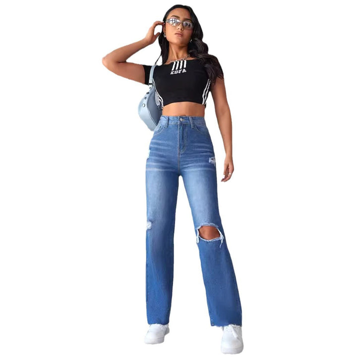 Dame High-Waist jeans med bred ben og ripped-detaljer Stilla