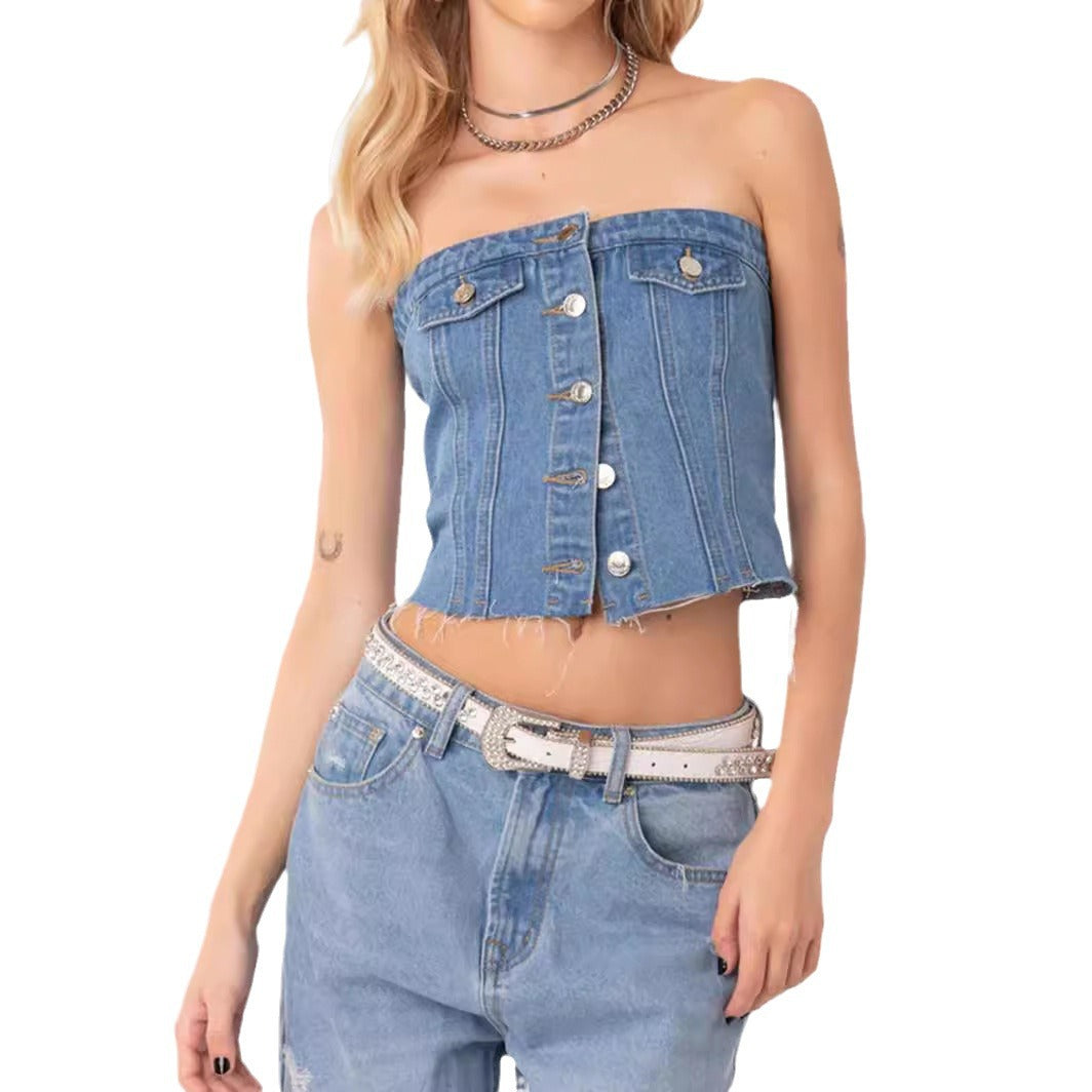 Dame Denim-Crop-Top med strikket overtræk Skovae