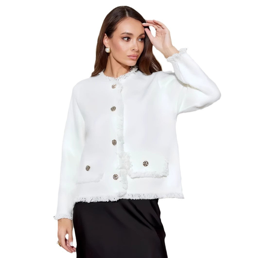 Dame mode Boucle-jakke med elegante knapdetaljer og frynset kant Stilla