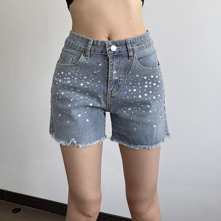 Dame Designer-shorts med funkende strass-stene og frynset kant Skovae