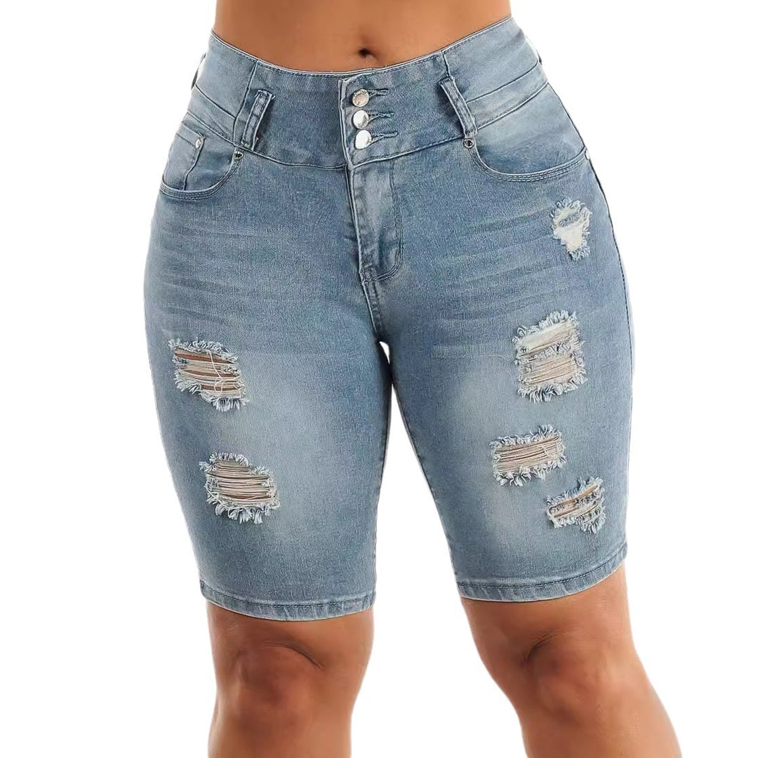 Dame Ripped Denim Shorts med justerbar talje og stilfulde dekorative lapper Stilla