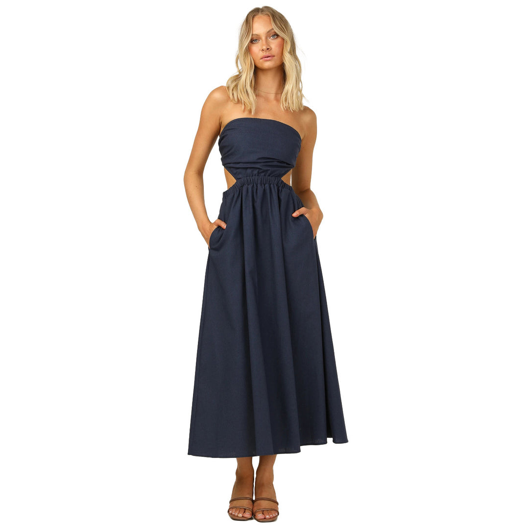 Women Strapless Maxi Dress with Side Cut-Out and Practical Pocket Design Skovae