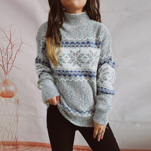 Kvindernes varme strikket sweater med geometrisk mønstertryk Stilla