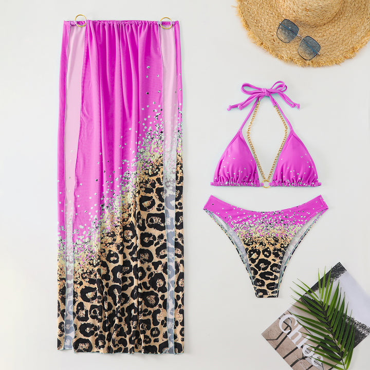 Dame bikini-sæt med feminint leopardmønster og elegant indpakningsklæde Stilla