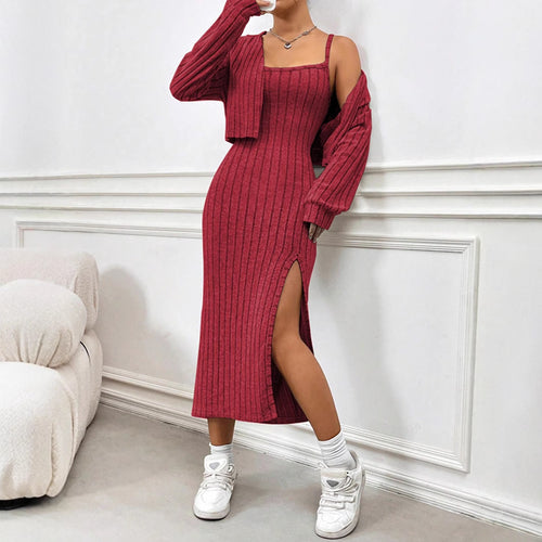 Dame Ribbstrik Bodycon Maxikjole med side split Stilla