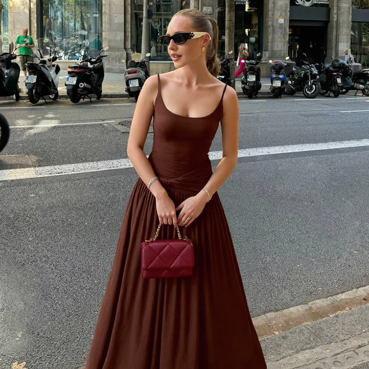 Dame Elegant Maxikjole med Drapering og Spaghetti-Stropper Skovae