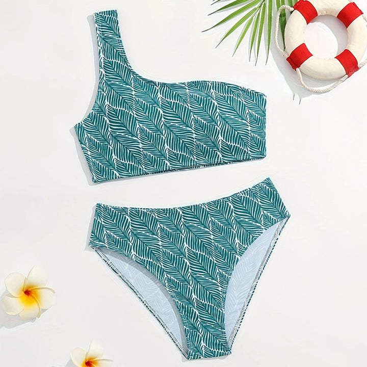 Dame Bikini-sæt med asymmetrisk top og tropisk palmebladsmønster Stilla