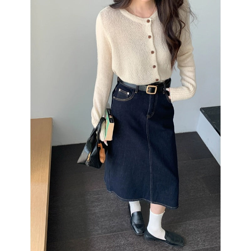 Kvindernes denim midi skirt med høj talje og flared cut Stilla