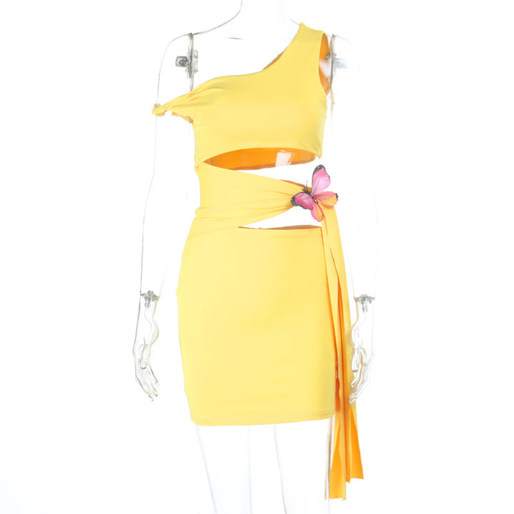 Dame asymmetrisk mini-kjole med blomsterapplikation og cut-out Skovae