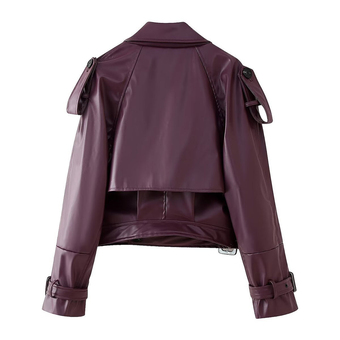 Femme Cropped Kunstlæder Bikerjakke med iøjnefaldende spænde-detaljer Stilla
