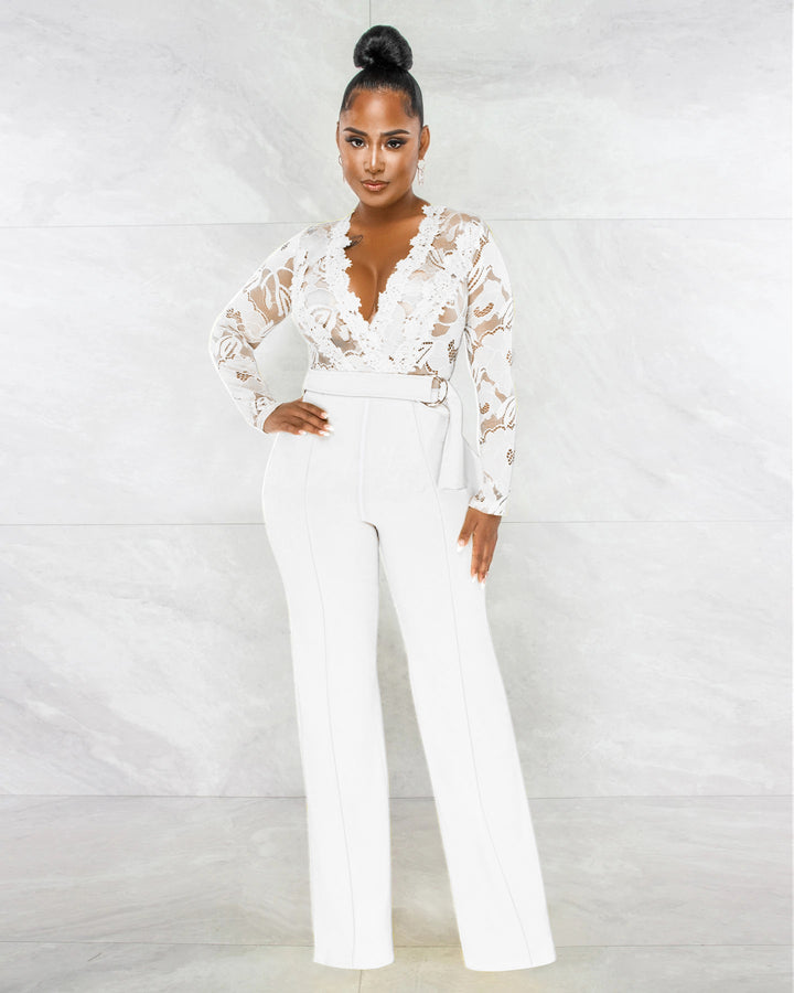 Dame Elegant Jumpsuit med dyb V-udskæring og blonde Stilla