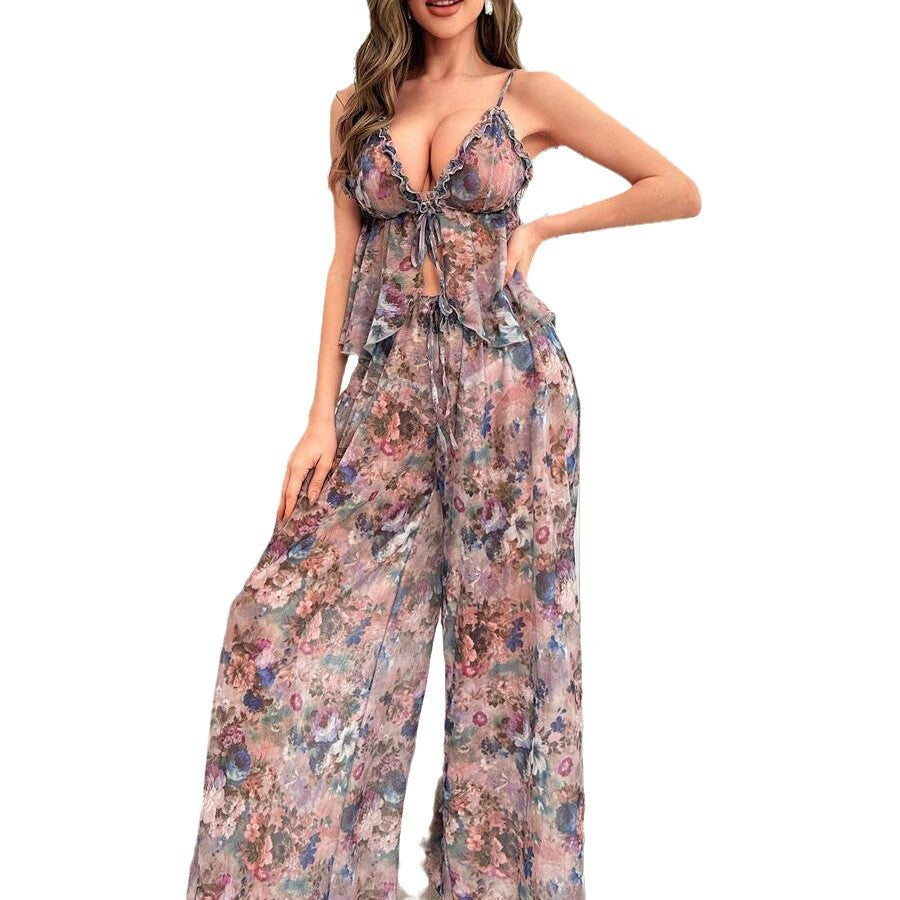 Dame Blomsterdesign Chiffon Top og Bukser Sæt Stilla