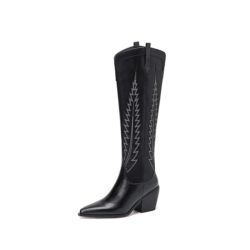 Femme Stylish Over-knæet Western Stiletto Støvler med broderede detaljer Stilla