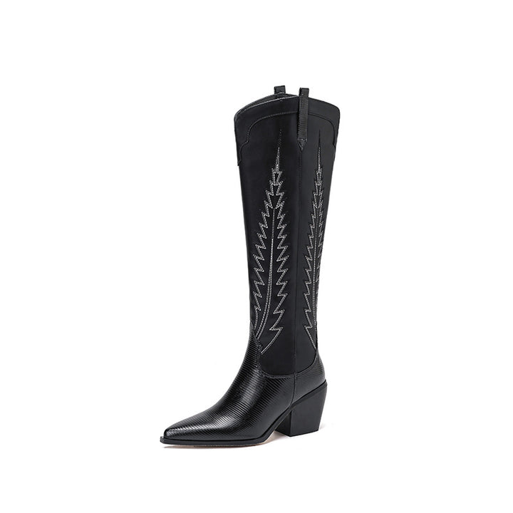 Femme Stylish Over-knæet Western Stiletto Støvler med broderede detaljer Stilla