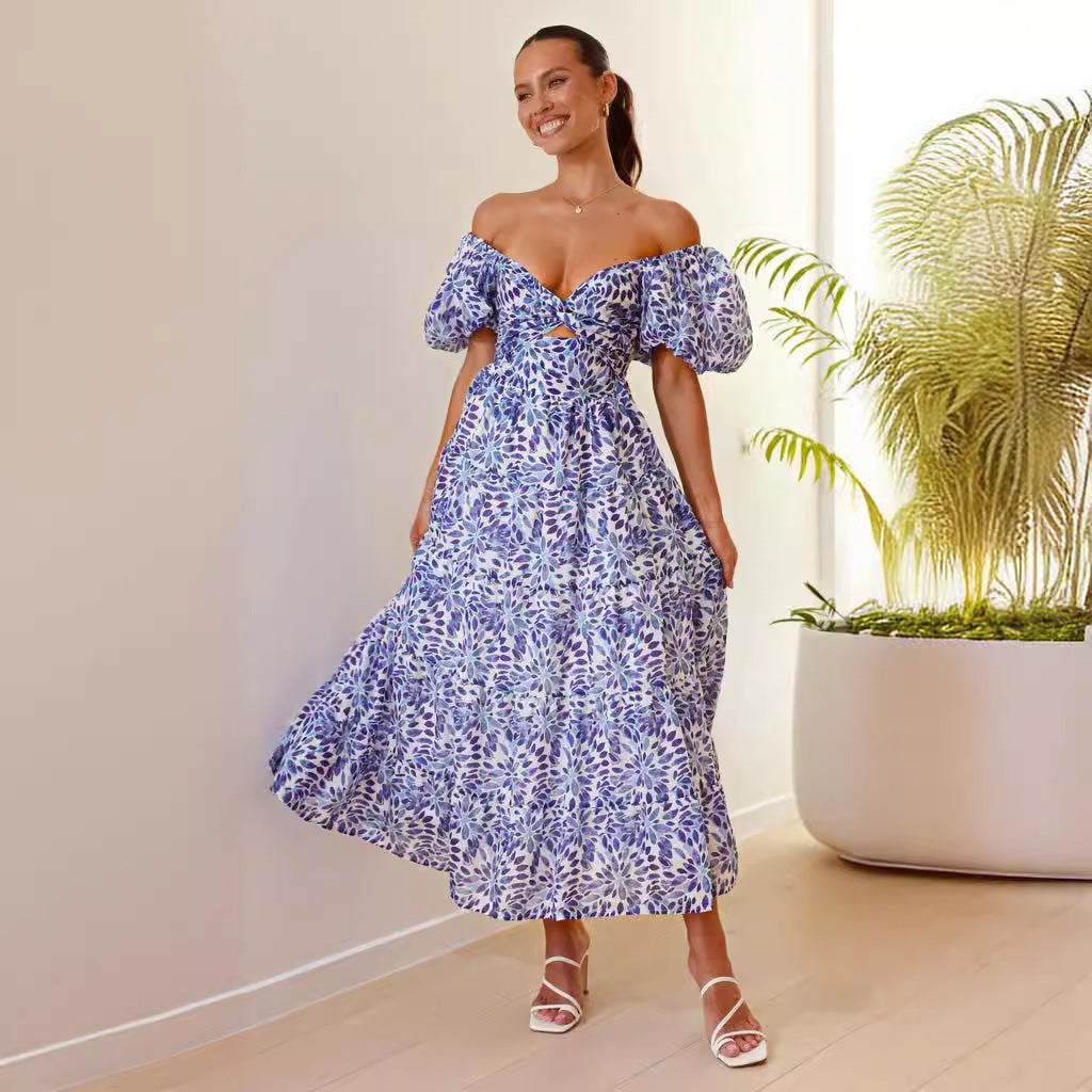 Dame maxi kjole med voluminøse pufærmer og blomsterprint