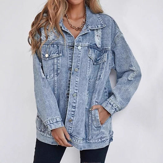 Dame afslappet denimjakke i oversized snit med vintage-accenter Stilla