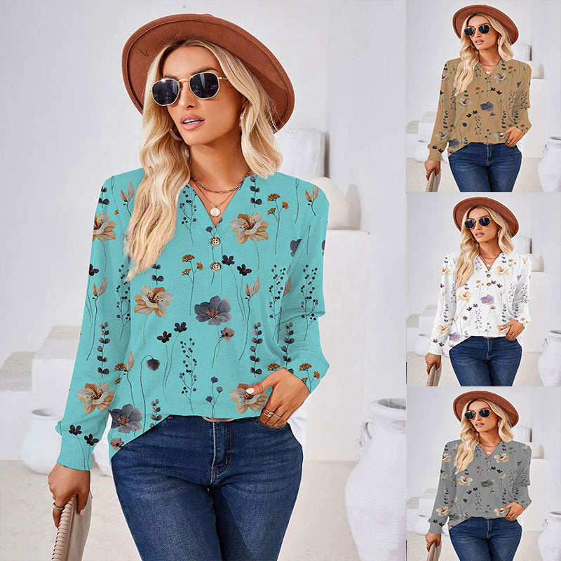Dame Langærmet bluse med floralt print og knapdetaljer Stilla