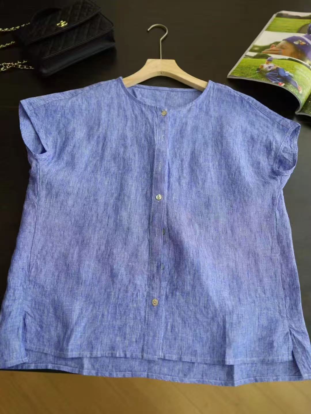 Femme Korte ærmer Knap-op Linned Bluse Stilla
