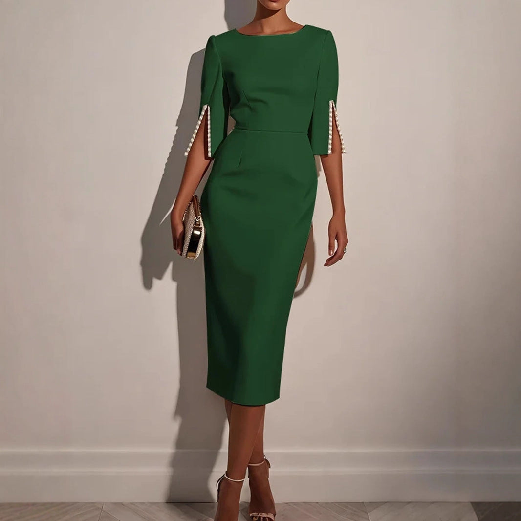 Dame elegant blyantskjole med perleprydede ærmer Stilla
