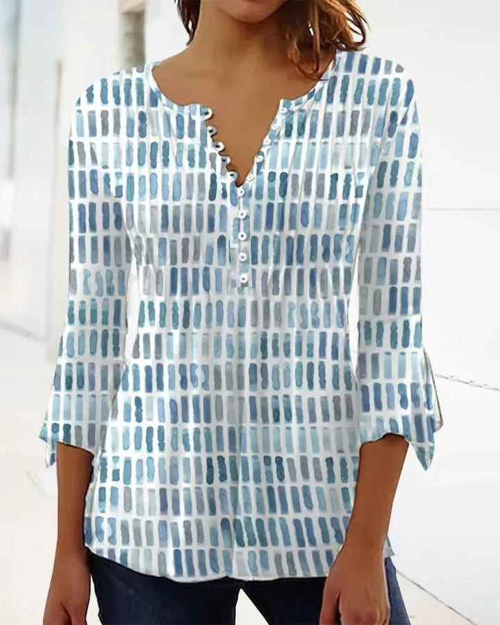 Dame langærmet blouse med kunstnerisk mønster og knapliste Stilla