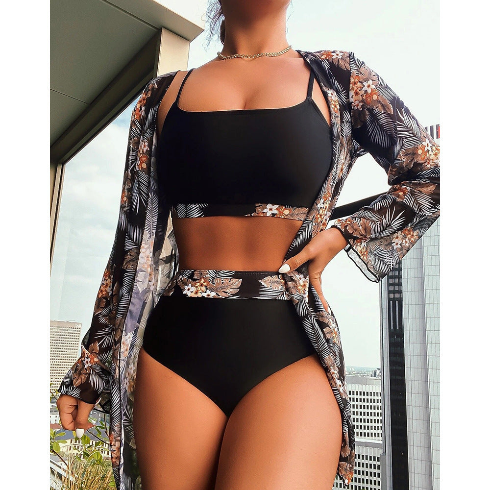 Dame bikiniset med blomster kimono og høj talje Stilla