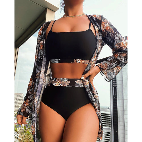 Dame bikiniset med blomster kimono og høj talje Stilla