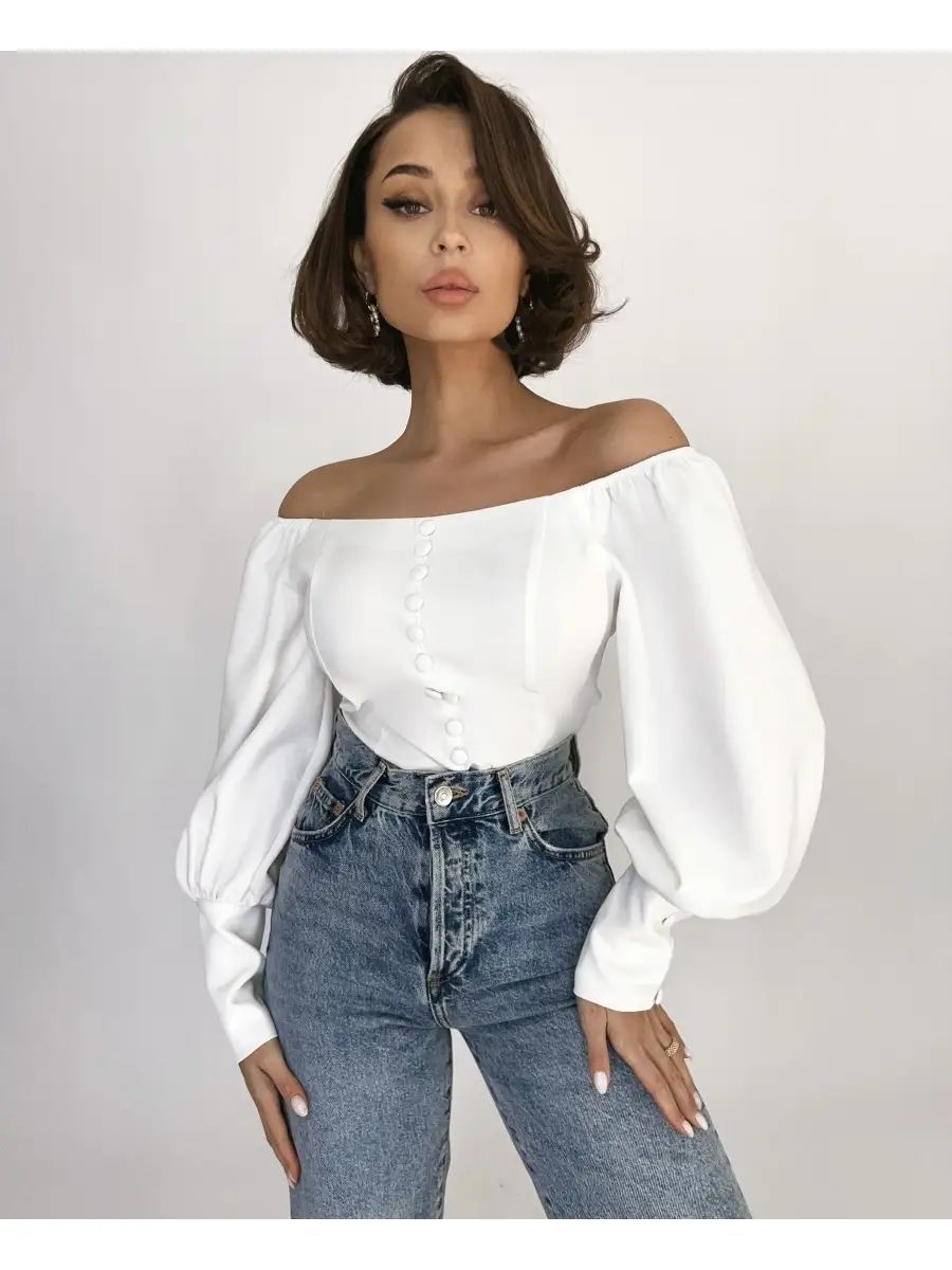 Dame Off-Shoulder Bluse med elegante puffærmer og knapdetaljer Stilla