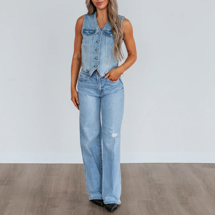 Dame Denim Vest med knaplukning og moderne skærramme Stilla