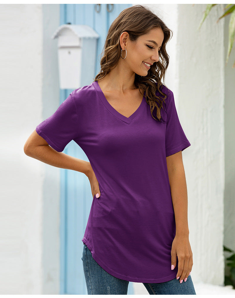 Dame V-hals T-shirt med asymmetrisk kant Stilla