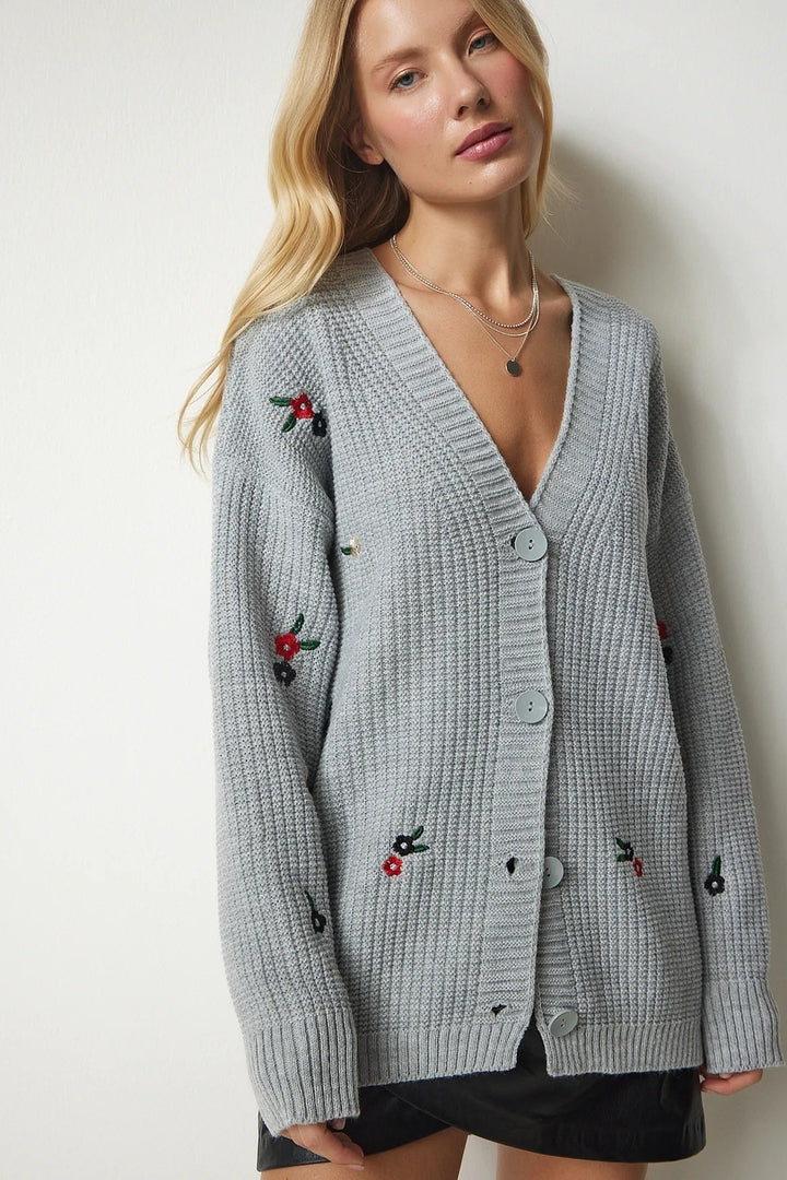 Dame strikjakke med floret broderedesign og komfortabel pasform Stilla