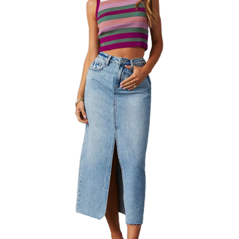 Dame Casual Denim Nederdel med sidelisk og frynset kant Stilla