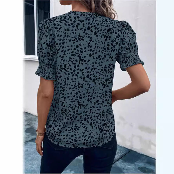 Dame Kortærmet Bluse med Pufærmer i satinlignende materiale Stilla