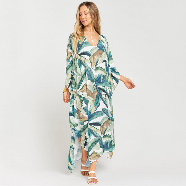 Dame Strandkaftan med blomsterbladmønster og elegant snit Stilla