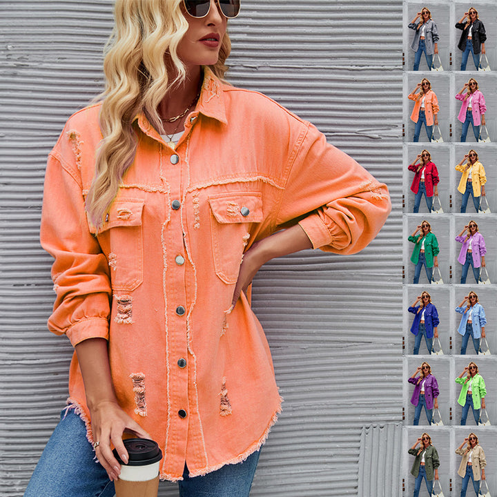 Dame Oversized Denim-Skjortejakke med frynse-detaljer Stilla