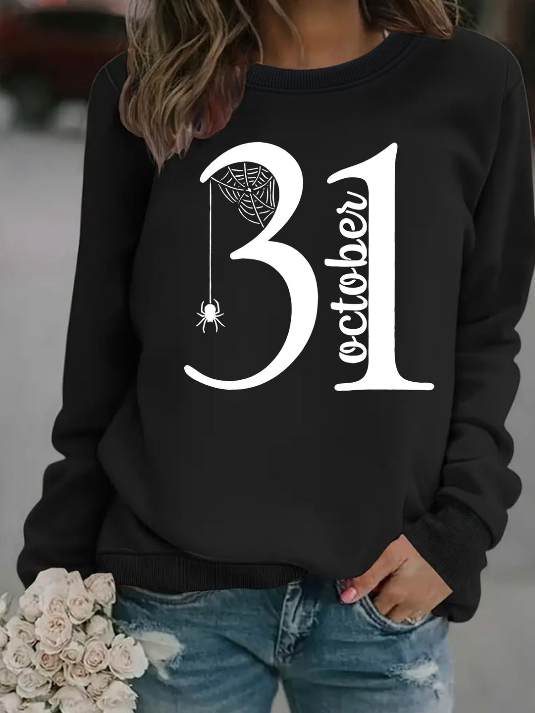 Kvindernes sweatshirt med kreativ Halloween-motiv og behagelig pasform Stilla