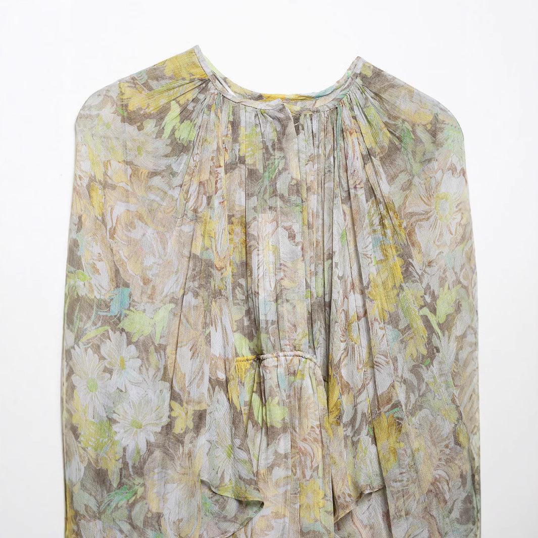 Dame Langeærmet Floral Maxi Kjole med Rynkedetaljer Stilla