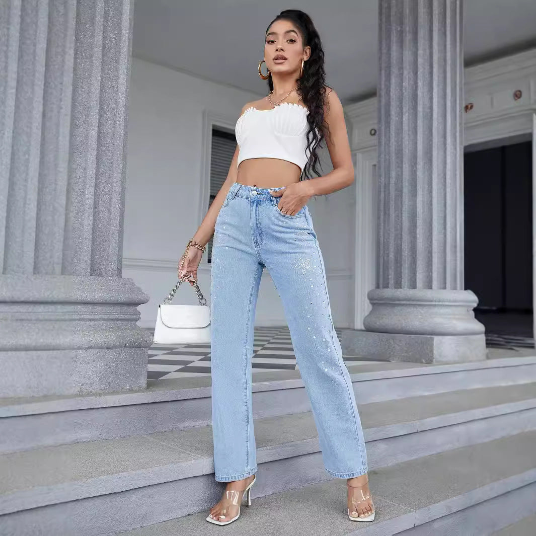 Dame fashionable High-Waist jeans med glitrende strassdetaljer Stilla