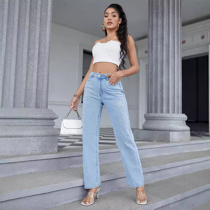 Dame fashionable High-Waist jeans med glitrende strassdetaljer Stilla