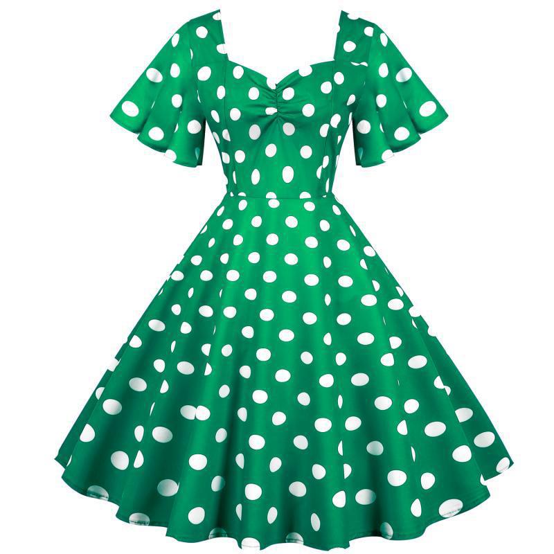 Damer Rockabilly kjole med legesyge polka prikker mønster og svajende kant Stilla