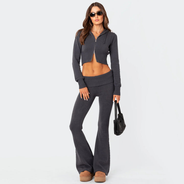 Damer fashion cropped strik sæt med flared bukser Stilla