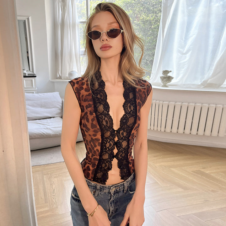Dame Transparent Spidsbluse med Leopardmønster Skovae 1778568971