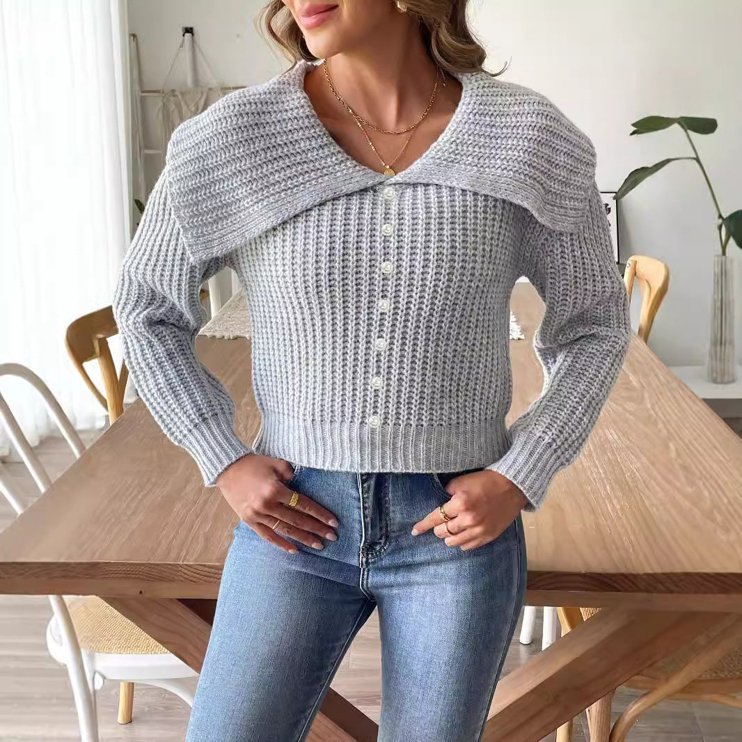 Dame elegant strikpullover med smart krave og strukturerede detaljer Stilla