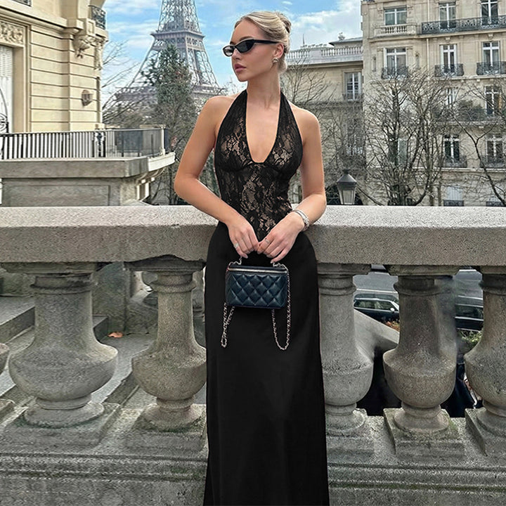 Dame Elegant Maxikjole med dyb V-udskæring og blondedetaljer Skovae